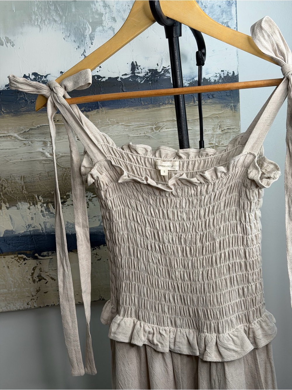Whimsy + Row Neutral Smocked Ruffle-Neck Jumpsuit - Picture 4 of 9